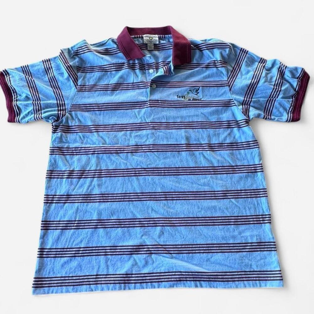 Golf U.S.A. Polo Shirt Mens Large Blue Striped Sony Open Hawaii Golf Logo